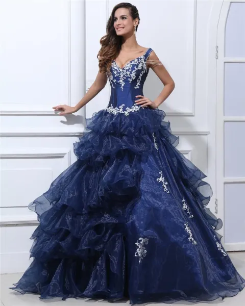 Ball Gown Organza Taffeta Ruffle Beading Applique V Neck Floor