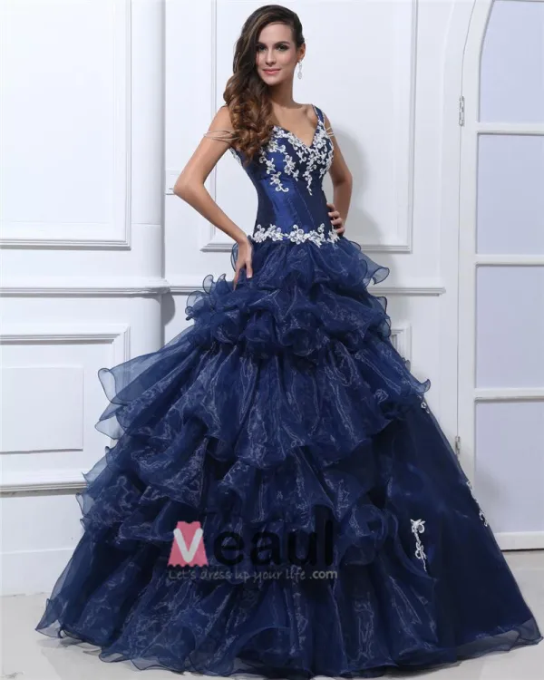 Organza Taft Rufsar Applique V Hals Golv Langd Balklänningar