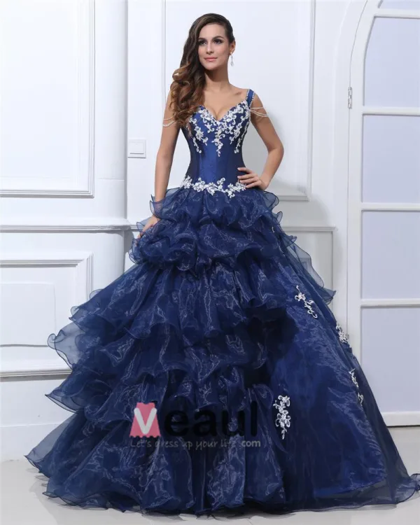 Organza Taft Rufsar Applique V Hals Golv Langd Balklänningar