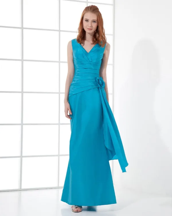 Mote Taffeta Plissert Blomst V Hals Gulv Lengde Brudepikekjoler