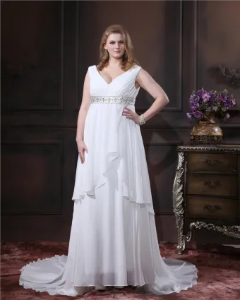 Plus Size V Ringad Chiffong Beading Chapel Tag Golv Langd Brudklänningar Bröllopsklänningar