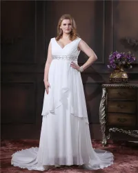 Tallas Grandes Vestidos De Novia De Gasa Con Cuello En V Rebordear Capilla Tren De La Longitud Del Piso