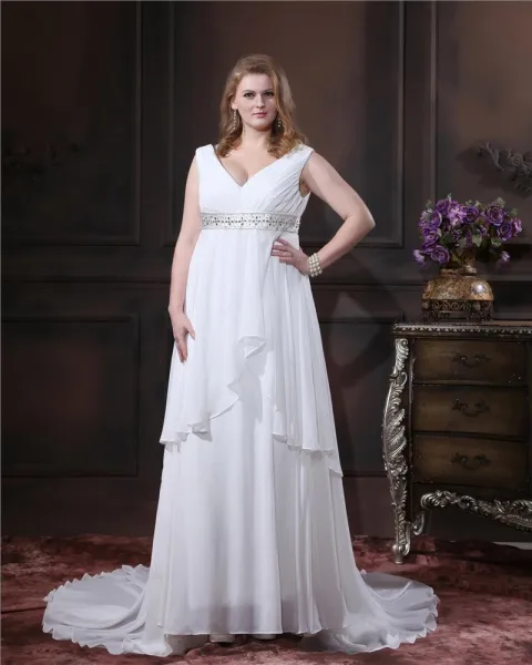 Große Größen V-neck Chiffon Sicke Kapelle Zug Bodenlangen Brautkleider