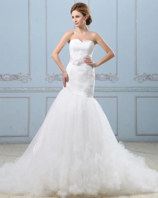 Ruffle Handmade Flower Belt Sweetheart Satin Tulle Mermaid Wedding Dress