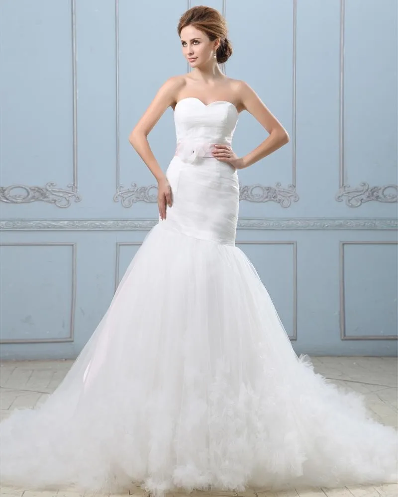 Ruffle Handlaget Blomst Belte Kjaereste Satin Tyll Havfrue Brudekjoler Bryllupskjoler