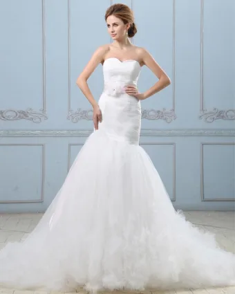 Ruffle Handlaget Blomst Belte Kjaereste Satin Tyll Havfrue Brudekjoler Bryllupskjoler