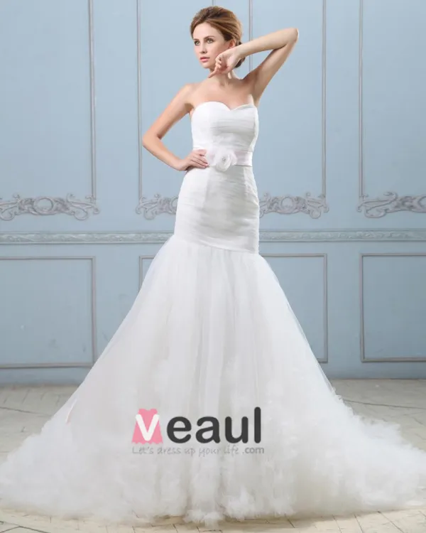 Ruffle Handmade Flower Belt Sweetheart Satin Tulle Mermaid Wedding Dress