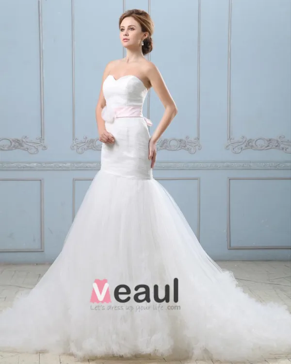 Ruffle Handmade Flower Belt Sweetheart Satin Tulle Mermaid Wedding Dress