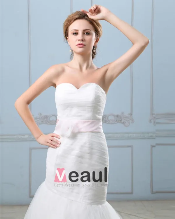 Ruffle Handmade Flower Belt Sweetheart Satin Tulle Mermaid Wedding Dress