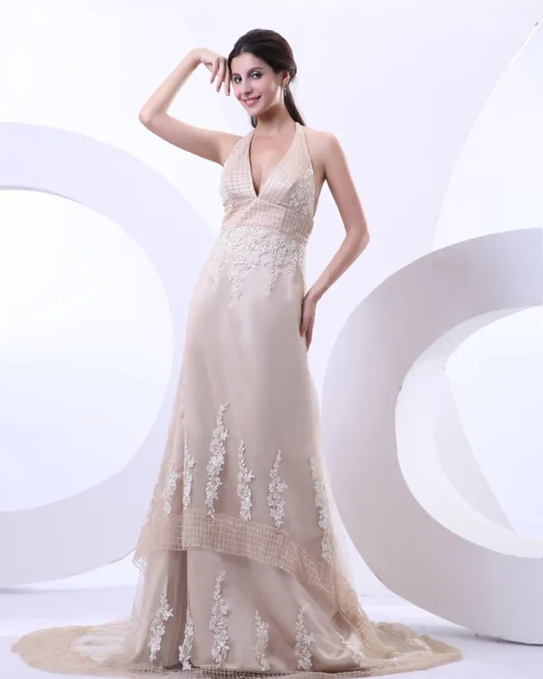 Sexy Halter V-Neck Satin Tulle Court Train A Line Bridal Gowns Wedding Dress