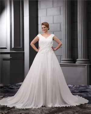 Chiffon Satin Ruffle V Neck Court Plus Size Bridal Gown Wedding Dress
