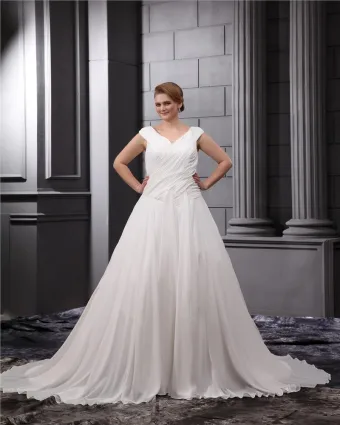 Chiffon Satin Ruffle V Neck Court Plus Size Bridal Gown Wedding Dress
