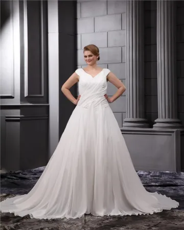 Chiffong Satin Rufsa V Ringad Domstolen Plus Size Brudklänningar Bröllopsklänningar