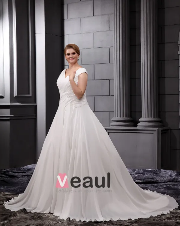 Chiffon Satin Ruffle V-Neck Court Plus Size Bridal Gown Wedding Dress