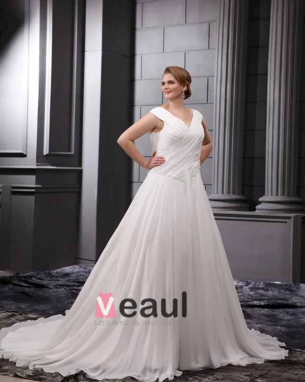 Chiffon Satin Ruffle V-Neck Court Plus Size Bridal Gown Wedding Dress
