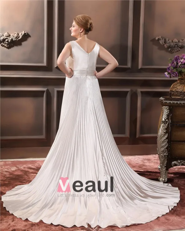 Charmeuse Beading Ruffle V Neck Chapel Plus Size Bridal Gown Wedding Dresses