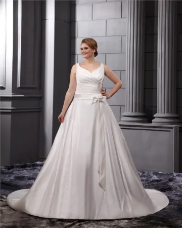 Satin V Ringad Imperium Sweep Plus Size Brudklänningar Bröllopsklänningar