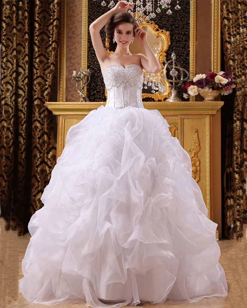 Sateng Organza Beading Kjaereste Gulv Lengde Ball Kjole Brudekjoler Bryllupskjoler