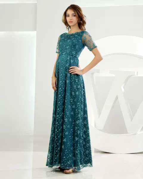 Jewel Short Sleeve Zipper Applique Ankle Length Lace Mother of the Bride Dress