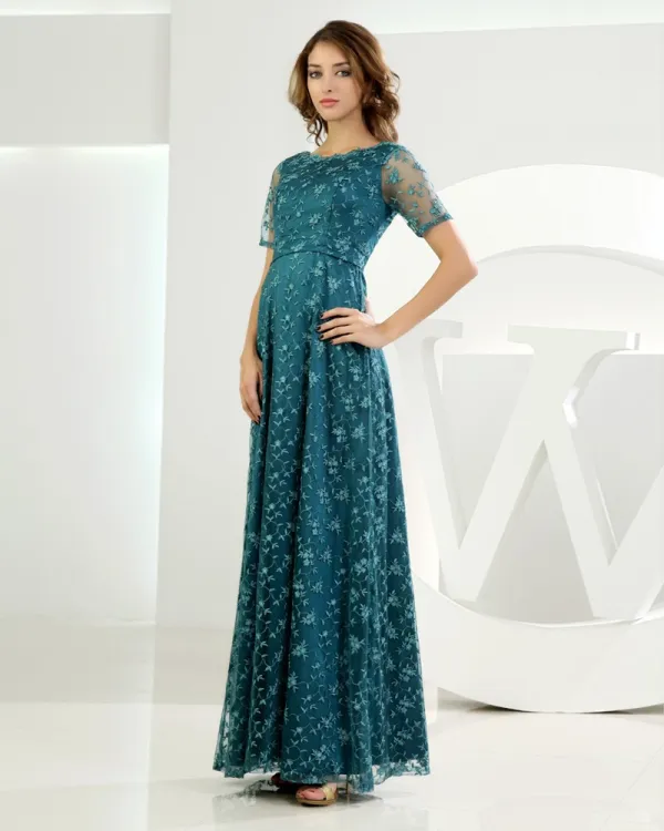 Jewel Short Sleeve Zipper Applique Ankle Length Lace Mother of the Bride Dress