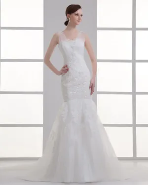 Applique De Tulle Perlage V Cou Tribunal Train Robe De Mariée Sirène