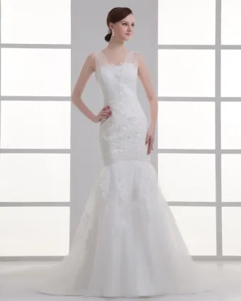 Tulle Applique Beading V Neck Court Train Mermaid Wedding Dress