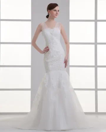 Applique De Tulle Perlage V Cou Tribunal Train Robe De Mariée Sirène