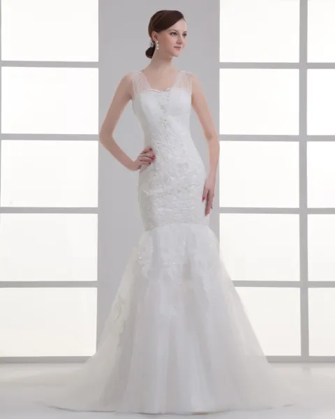 Tulle Applique V-ausschnitt Gericht Zug-hochzeitskleid Brautkleider
