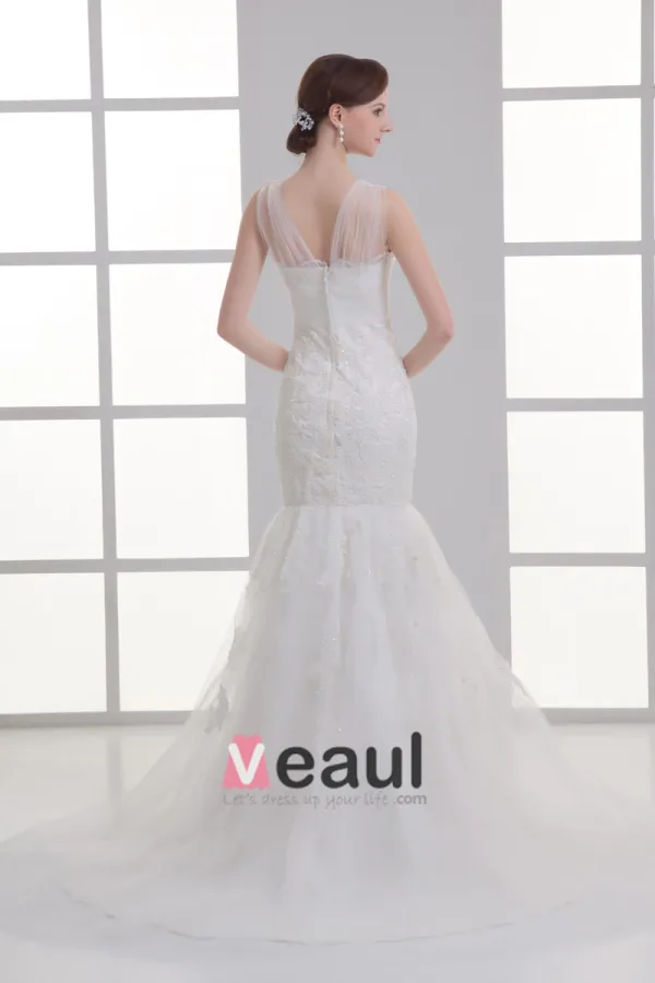 Tulle Applique Beading V Neck Court Train Mermaid Wedding Dress