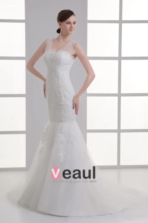 Tulle Applique Beading V Neck Court Train Mermaid Wedding Dress