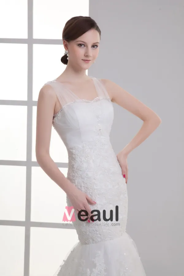 Tulle Applique Beading V Neck Court Train Mermaid Wedding Dress