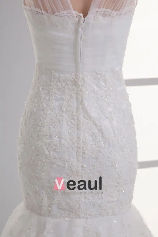 Tulle Applique Beading V Neck Court Train Mermaid Wedding Dress