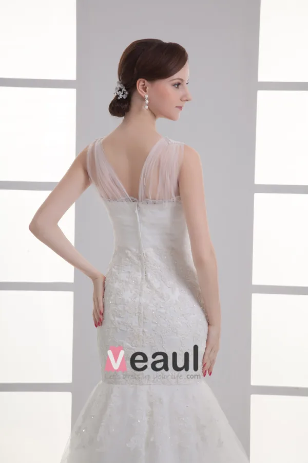 Tulle Applique Beading V Neck Court Train Mermaid Wedding Dress