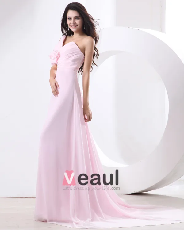 Chiffon En Skulder Drapere Handlaget Blomst Gulv Lengde Brudepikekjoler