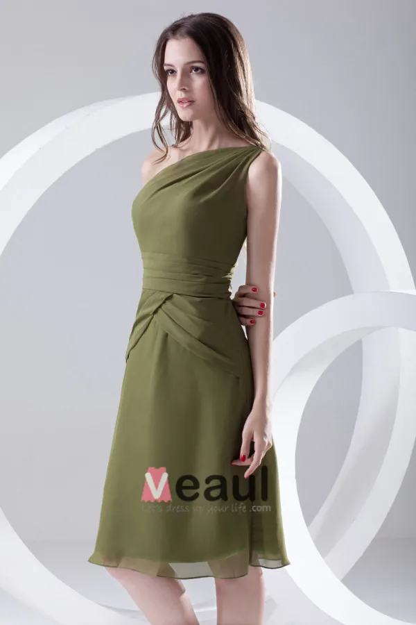 Fashion Chiffon Pleated Sloping Sleeveless Knee Length Bridesmaid Dress