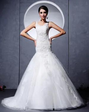 Fil Satin Dentelle Applique Cathedrale Train Robe De Mariée Sirène
