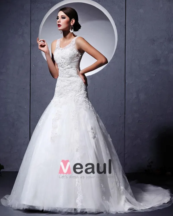 Yarn Satin Lace Applique Cathedral Train Mermaid Wedding Dress