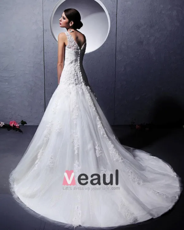 Yarn Satin Lace Applique Cathedral Train Mermaid Wedding Dress