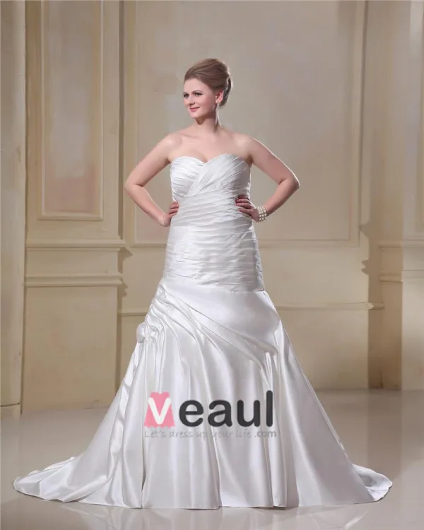 Satin A Volants Cherie Train Cathedrale Demi Plus La Taille Des Robes De Mariée De Mariage De Robe