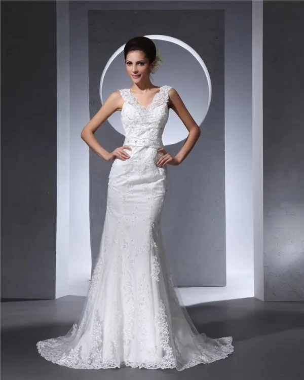 Elegant Longueur De Plancher De V Cou De Perles Satin Dentelle Femmes Robe De Mariée Sirène