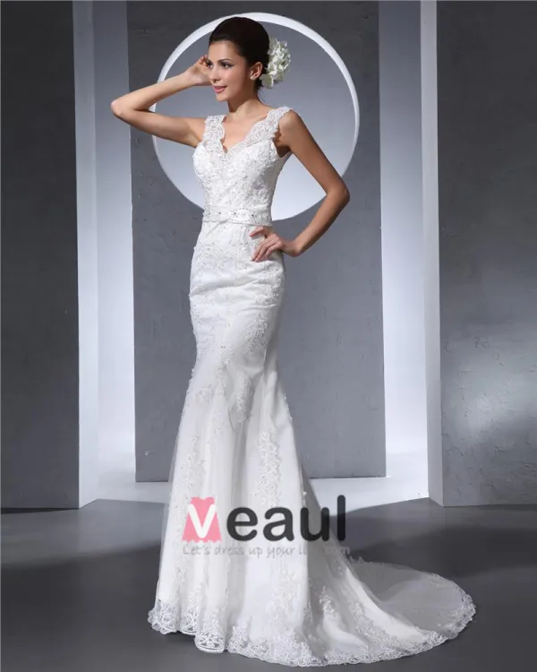 Elegant Longueur De Plancher De V Cou De Perles Satin Dentelle Femmes Robe De Mariée Sirène