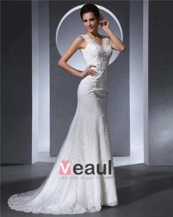 Elegant Longueur De Plancher De V Cou De Perles Satin Dentelle Femmes Robe De Mariée Sirène