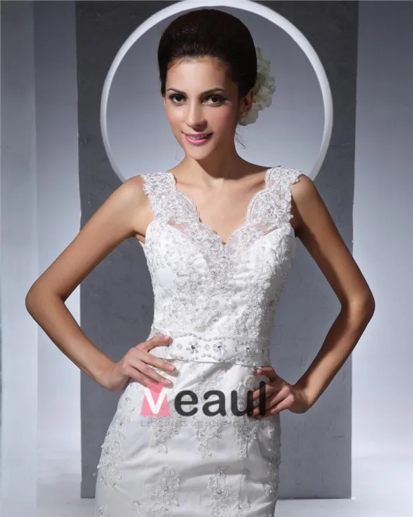 Elegant Longueur De Plancher De V Cou De Perles Satin Dentelle Femmes Robe De Mariée Sirène