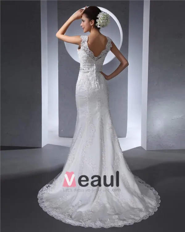 Elegant Longueur De Plancher De V Cou De Perles Satin Dentelle Femmes Robe De Mariée Sirène