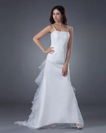 Satin Organza Applique Spaghetti Trägern Sweep Mantel Brautkleider Hochzeitskleid