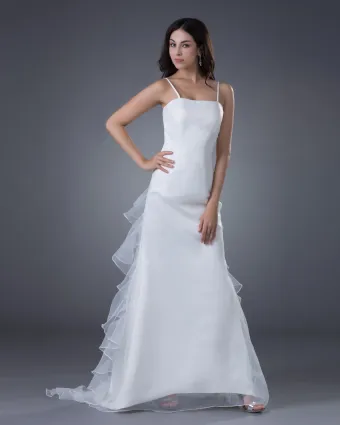 Satin Organza Applique Spaghetti Straps Sweep Sheath Bridal Gown Wedding Dress
