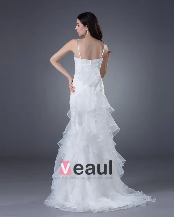 Satin Organza Applique Spaghetti Straps Sweep Sheath Bridal Gown Wedding Dress