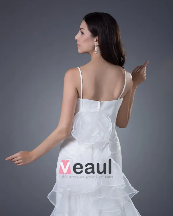 Satin Organza Applique Spaghetti Straps Sweep Sheath Bridal Gown Wedding Dress