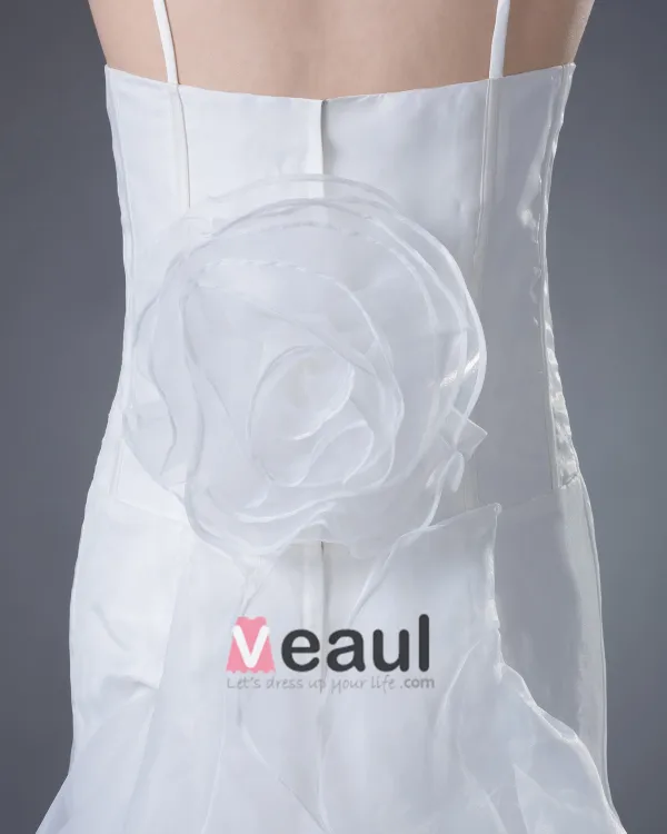 Satin Organza Applique Spaghetti Straps Sweep Sheath Bridal Gown Wedding Dress