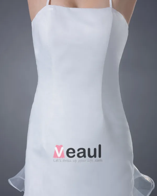 Satin Organza Applique Spaghetti Straps Sweep Sheath Bridal Gown Wedding Dress